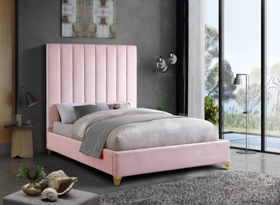 Meridian Furniture - Via Velvet Queen Bed In Pink - Viapink-Q - ATL FURNITURE