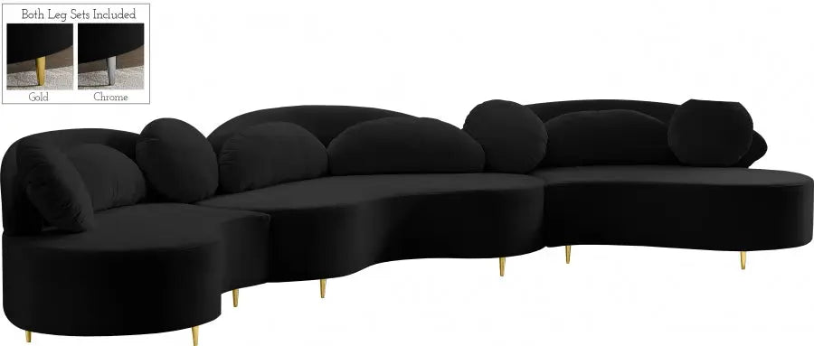 Vivacious Velvet 3 Piece Sectional In Black - ATL FURNITURE