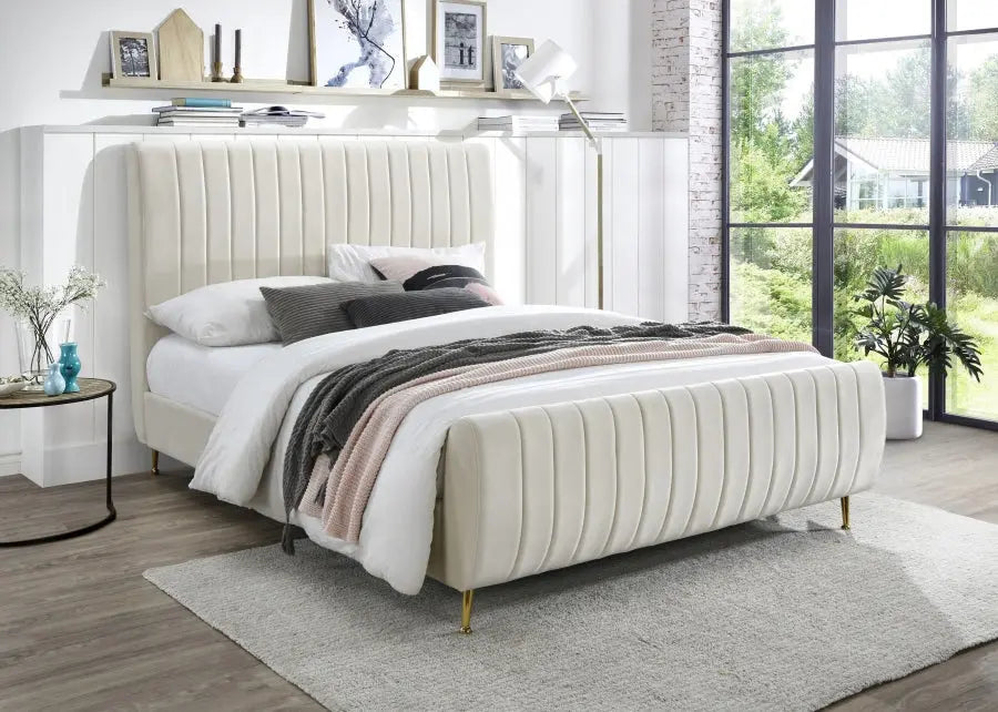 Zara Velvet Queen Bed In Cream - Zaracream-Q - ATL FURNITURE