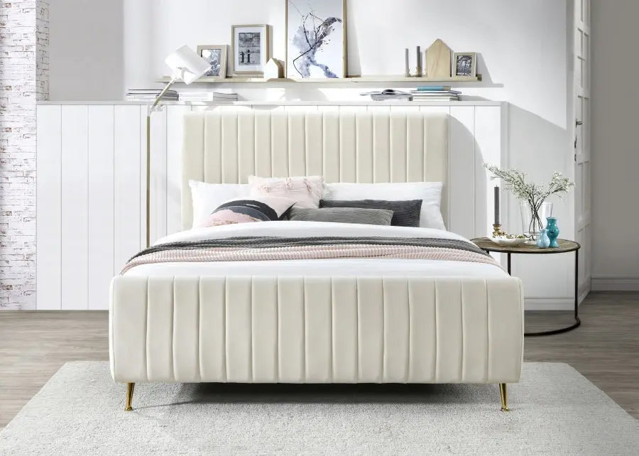 Zara Velvet Queen Bed In Cream - Zaracream-Q - ATL FURNITURE