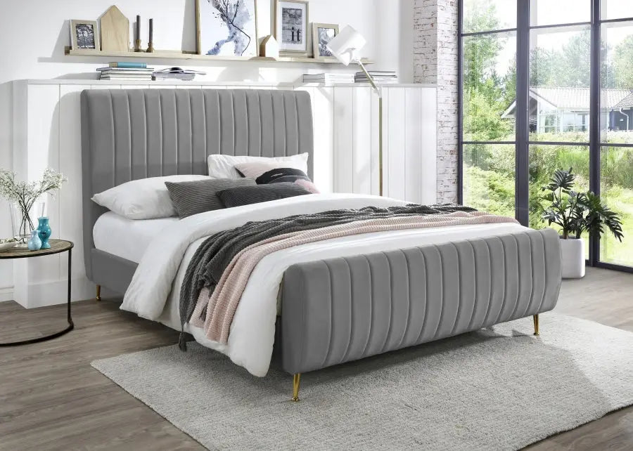 Zara Velvet Queen Bed In Grey - Zaragrey-Q - ATL FURNITURE