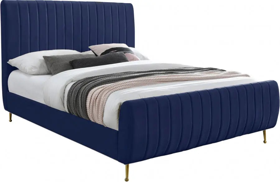 Meridian Furniture - Zara Velvet Queen Bed In Navy - Zaranavy-Q - ATL FURNITURE