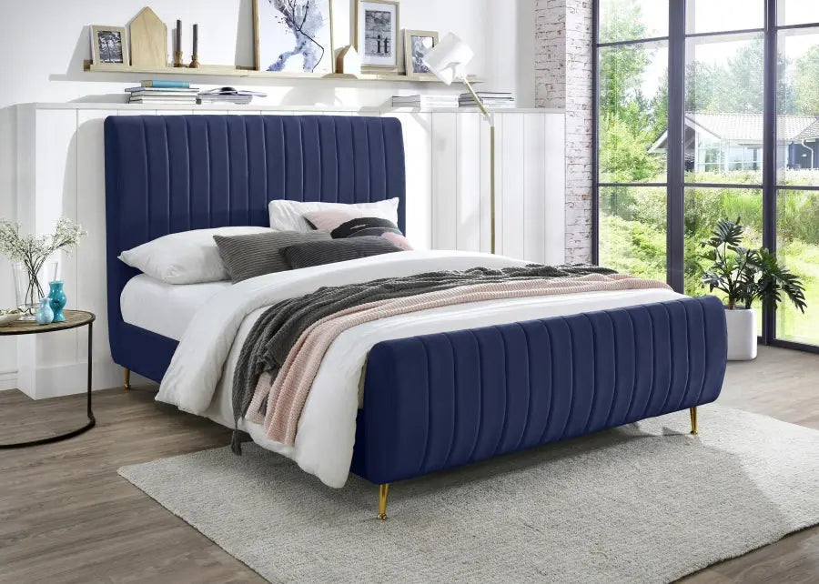 Meridian Furniture - Zara Velvet Queen Bed In Navy - Zaranavy-Q - ATL FURNITURE