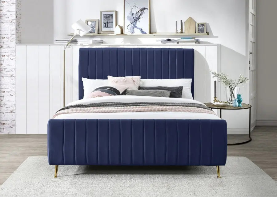 Meridian Furniture - Zara Velvet Queen Bed In Navy - Zaranavy-Q - ATL FURNITURE