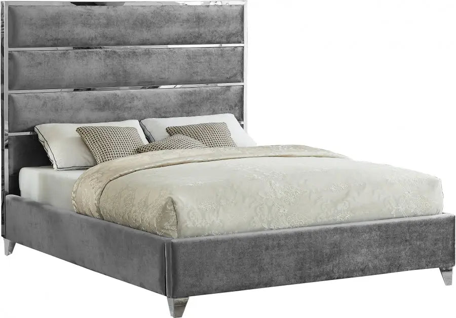 Meridian Furniture - Zuma Velvet Queen Bed In Grey - Zumagrey-Q - ATL FURNITURE