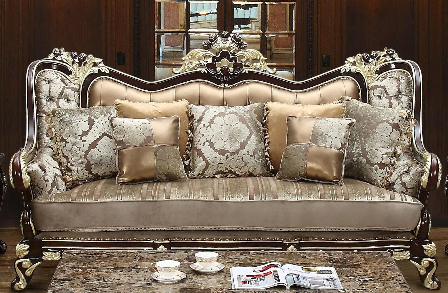 Monica Traditional Sofa and Loveseat in Cherry Wood Finish by Cosmos Furniture - ATL FURNITURE