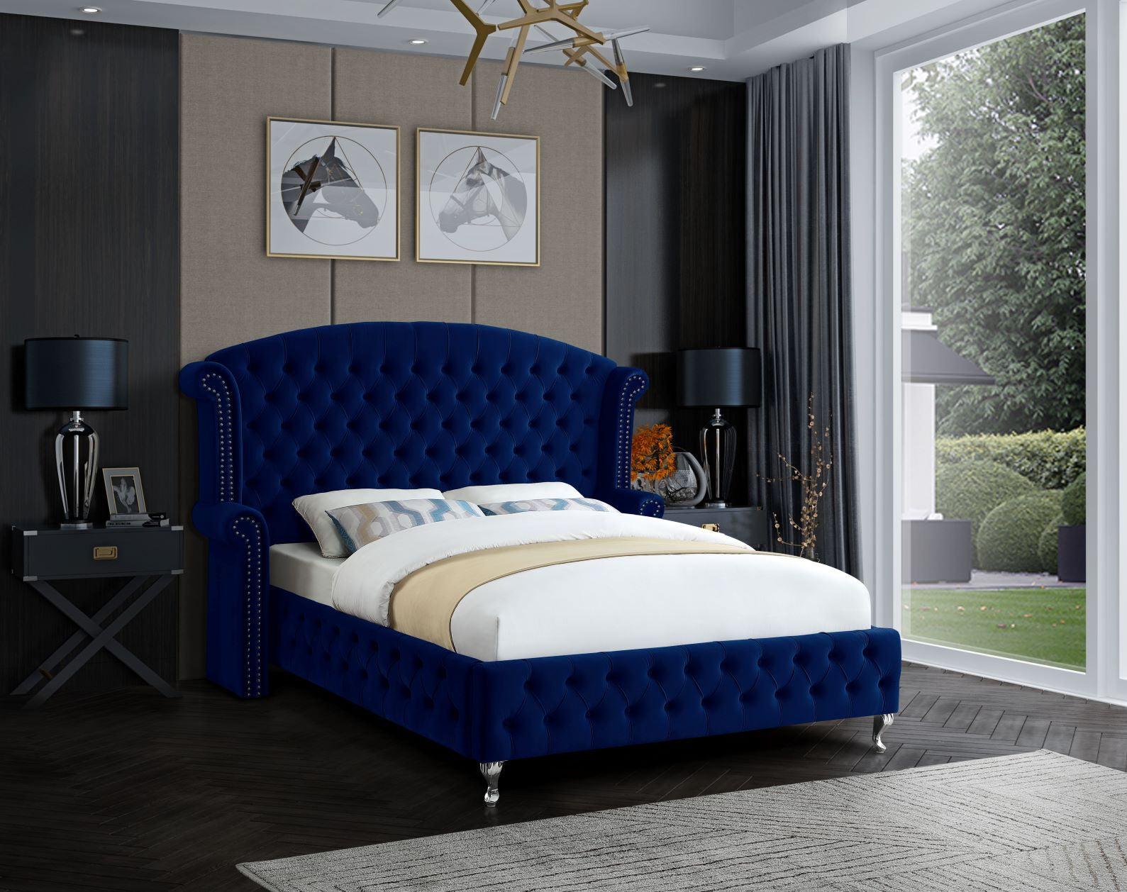 Navy Blue Upholstered Queen Bed - ATL FURNITURE