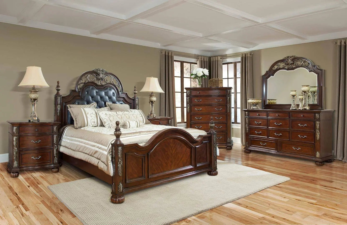 Rosanna 6Pc Traditional Bedroom Set in Cherry Finish by Cosmos Furniture - ATL FURNITURE