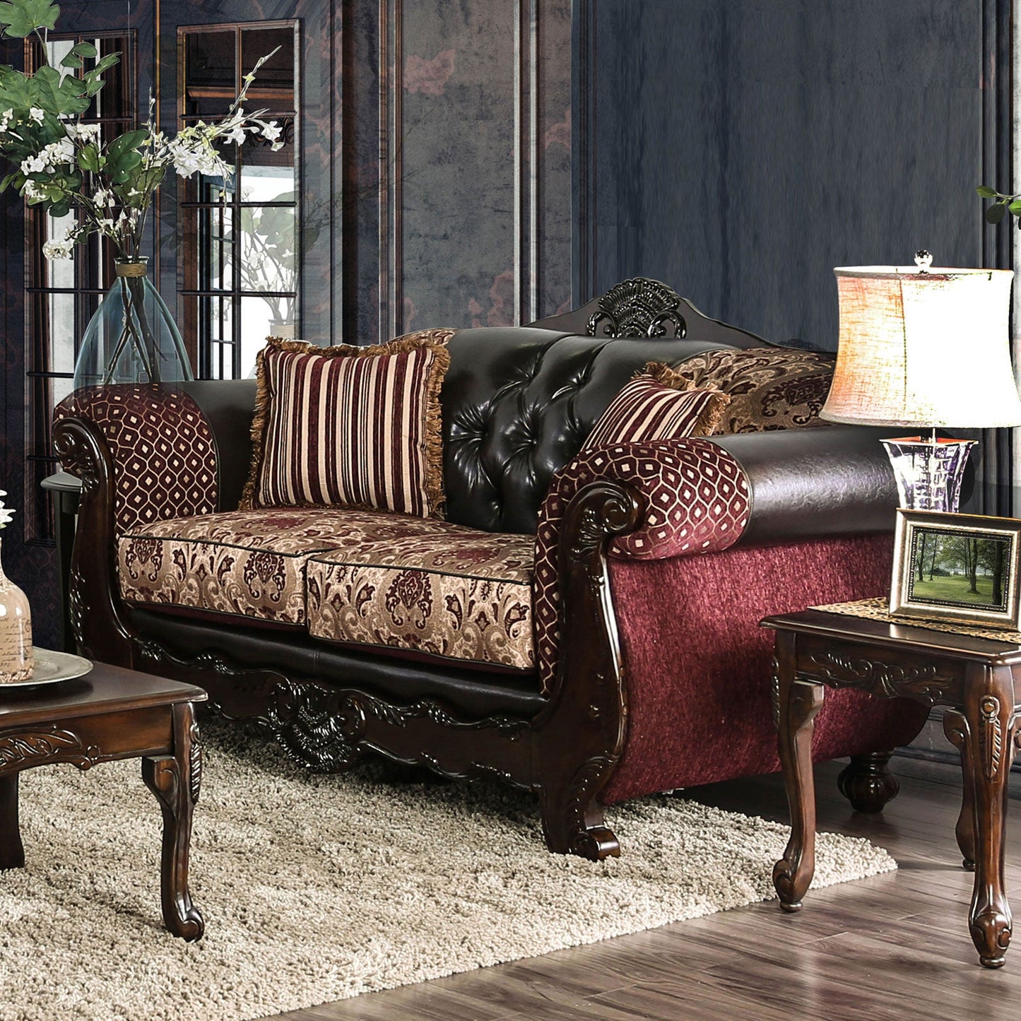 Quirino Burgundy/Dark Brown Love Seat - ATL FURNITURE