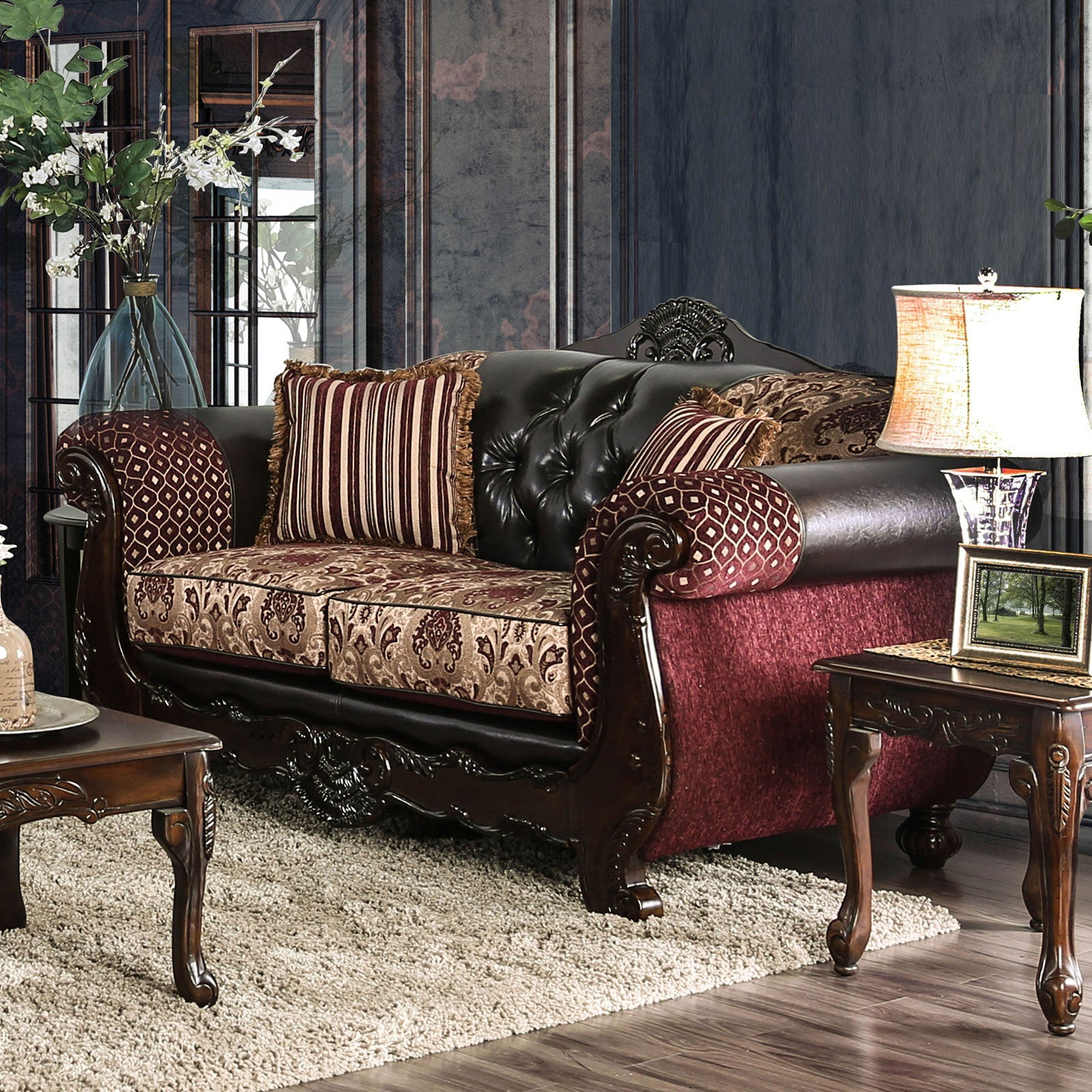 Quirino Burgundy/Dark Brown Love Seat - ATL FURNITURE