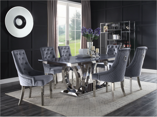 Nasir Gray Printed Faux Marble & Mirrored Silver Finish Dining Room Set - ATL FURNITURE