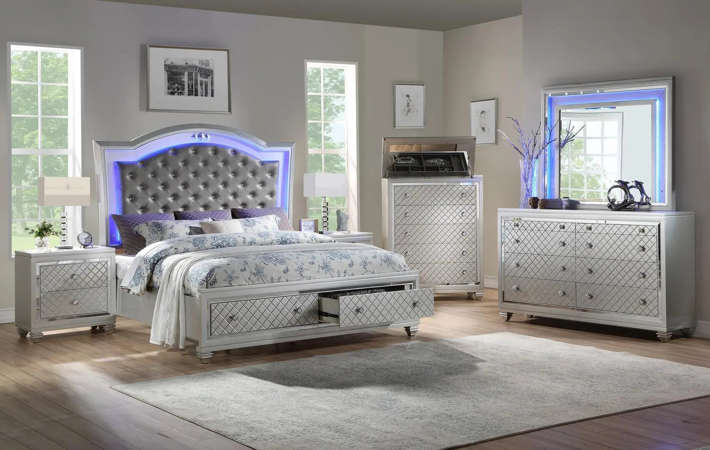 Shiney 6Pc Contemporary Bedroom Set in Silver Finish by Cosmos Furniture - ATL FURNITURE