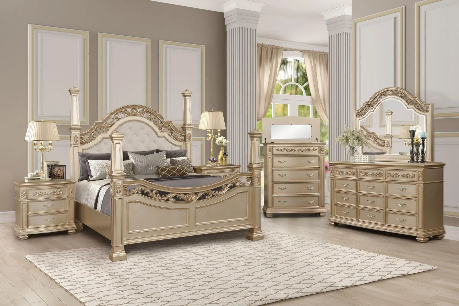 Valentina 6Pc Traditional Bedroom Set in Gold Finish by Cosmos Furniture - ATL FURNITURE