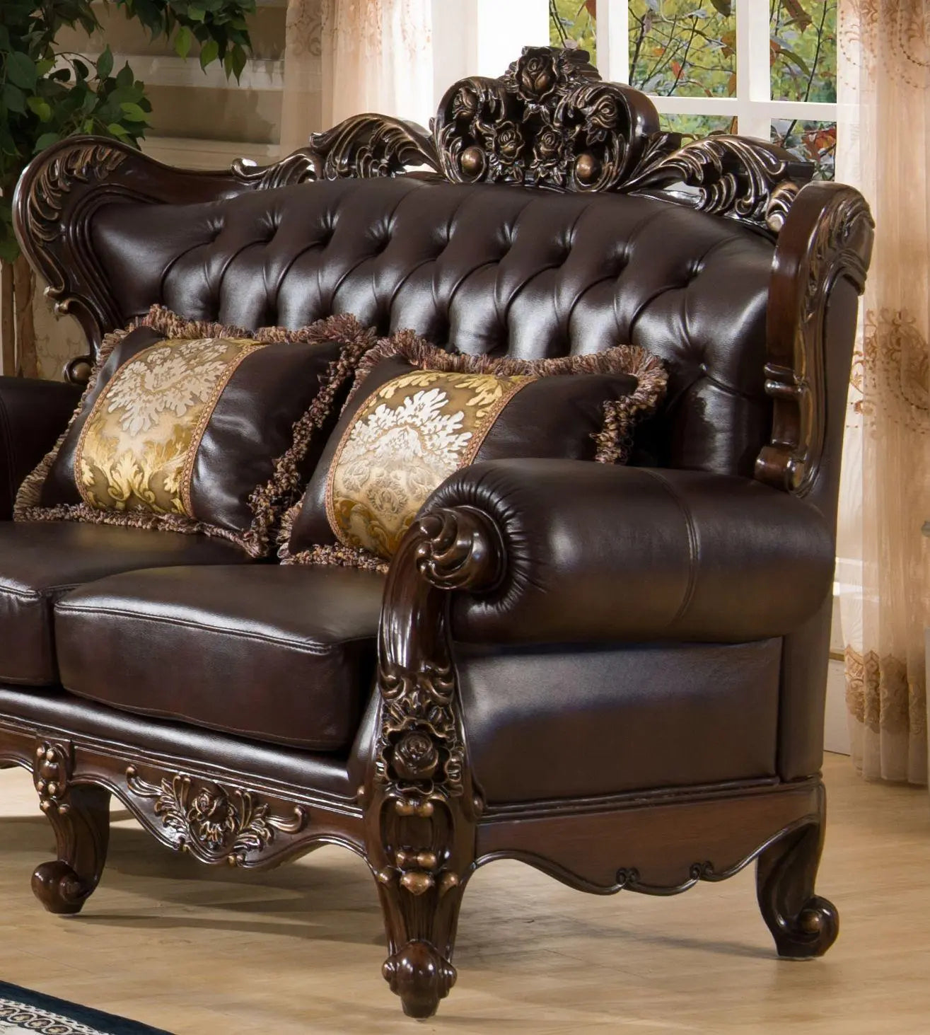 Vanessa Traditional Sofa and Loveseat in Cherry Wood Finish by Cosmos Furniture - ATL FURNITURE