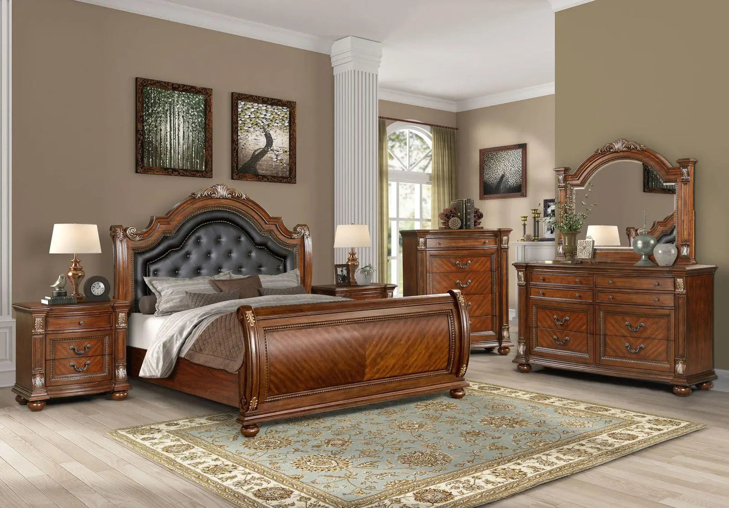 Viviana 6Pc Traditional Bedroom Set in Caramel Finish by Cosmos Furniture - ATL FURNITURE