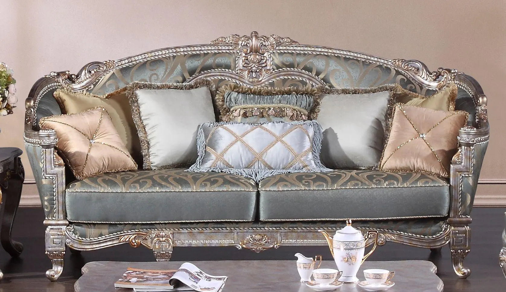 Zara Traditional Sofa and Loveseat in Silver Wood Finish by Cosmos Furniture - ATL FURNITURE