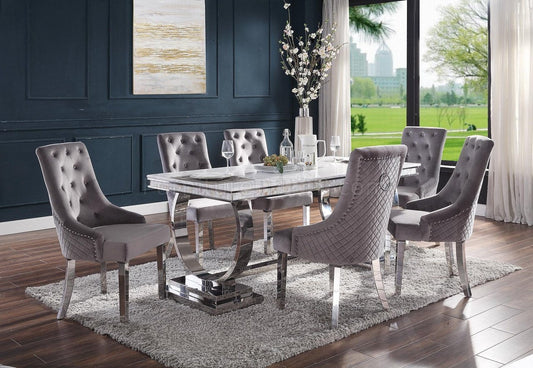 Zander White Printed Faux Marble & Mirrored Silver Finish Dining Room Set - ATL FURNITURE