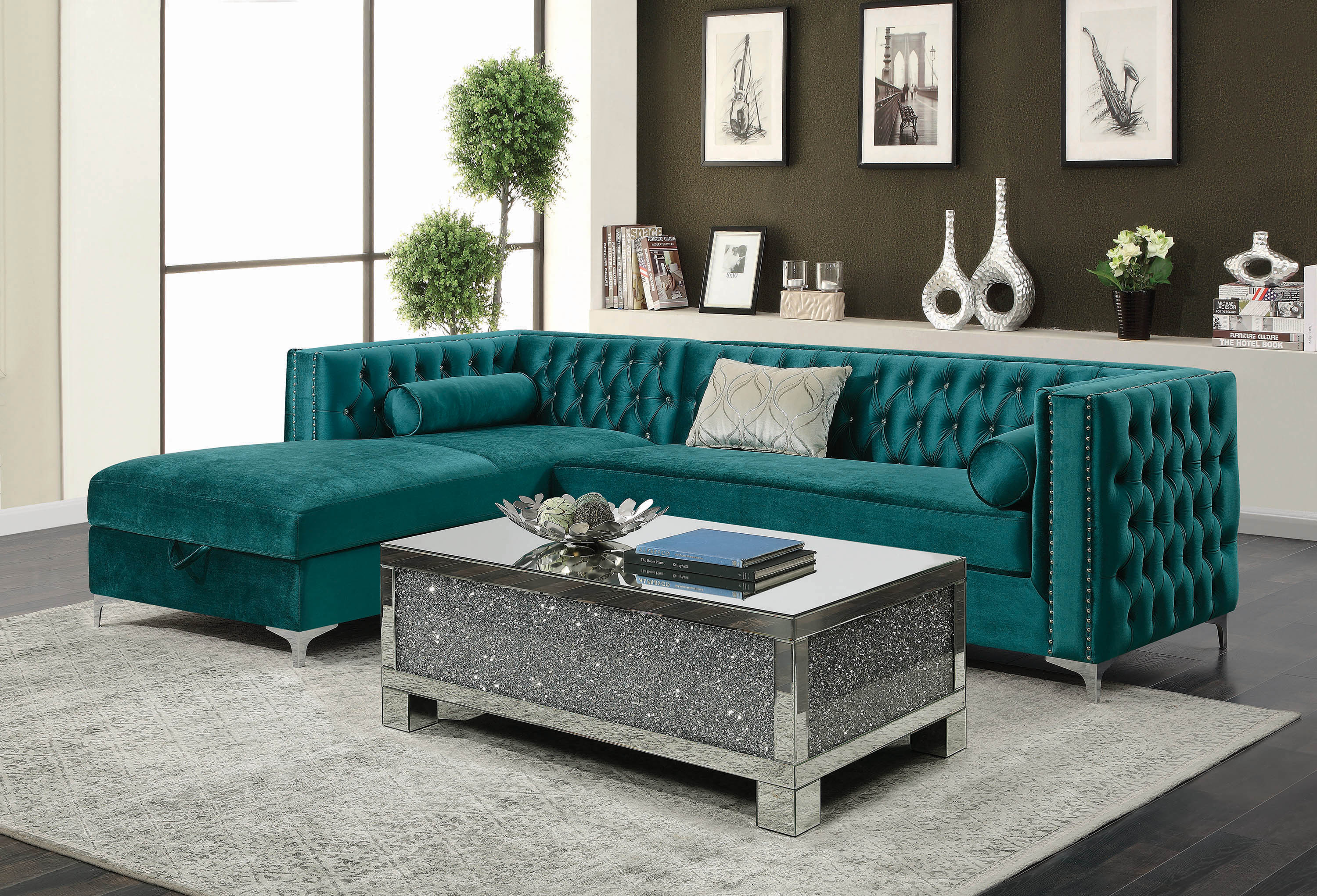 Bellaire Contemporary Teal And Chrome Sectional ATL All The Luxury Furniture