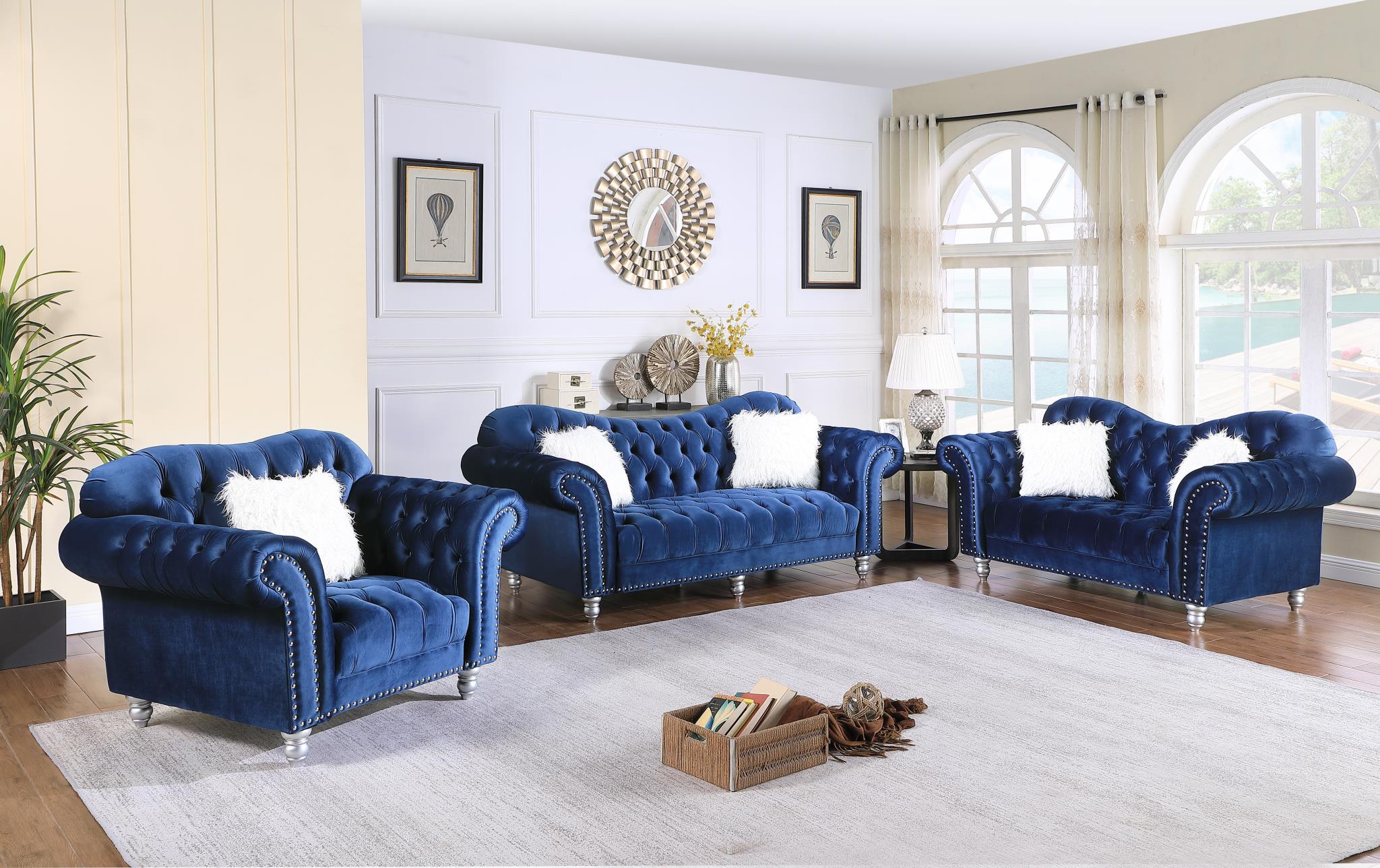 Navy Blue Velvet Sofa W Wooden Legs